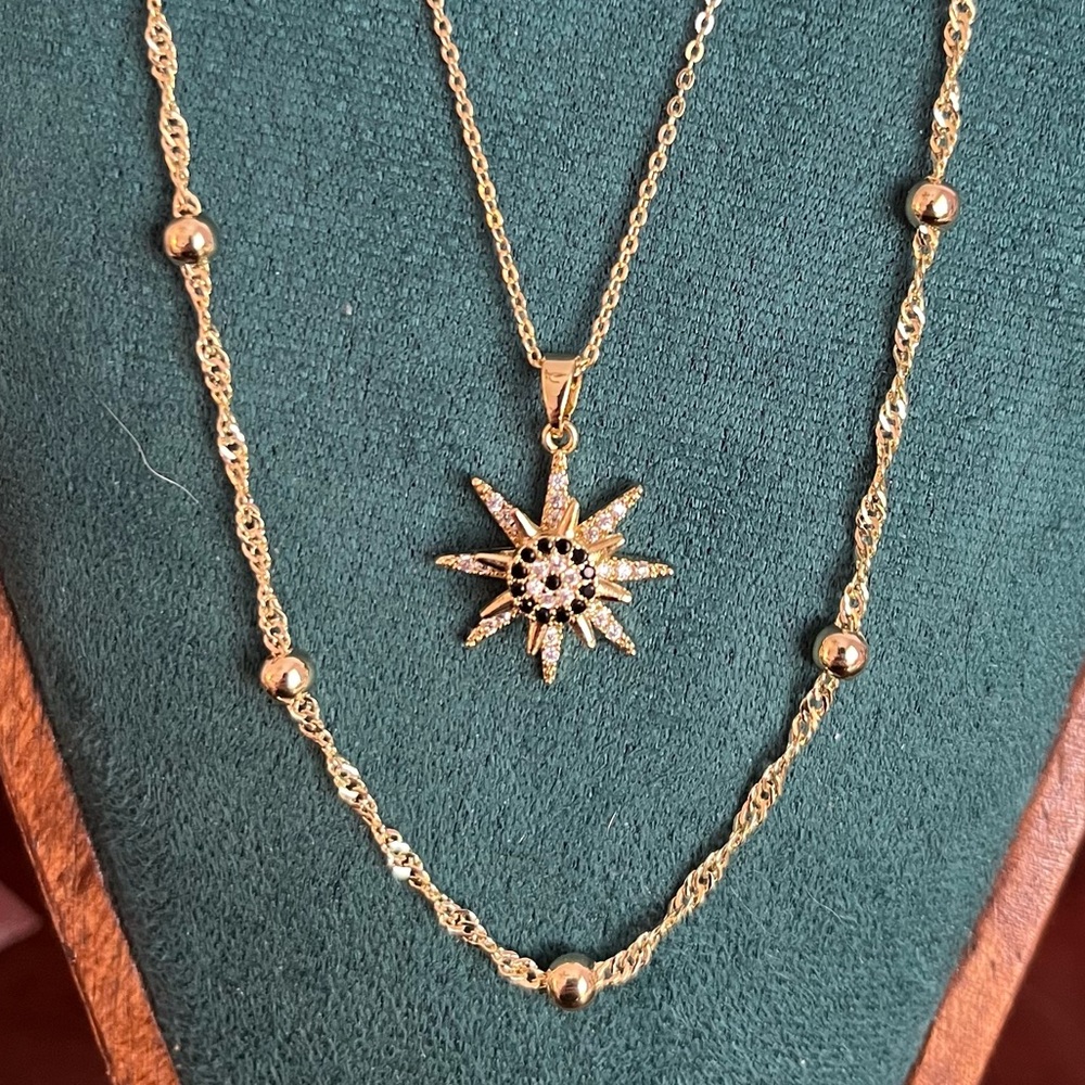 Gold Spinning Star Pendant Necklace w/ Gold Beaded Layer Necklace